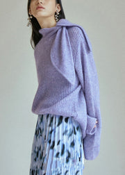 Chic Purple Lace Up Patchwork Cozy Knit Sweaters Fall