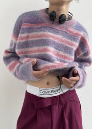 Chic Purple O-Neck Cozy Striped Knit Pullover Tops Winter