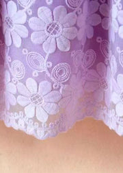 Chic Purple O-Neck Embroidered Floral Patchwork Tie Waist Tulle Kids Mid Dress Long Sleeve