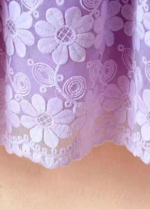 Chic Purple O-Neck Embroidered Floral Patchwork Tie Waist Tulle Kids Mid Dress Long Sleeve