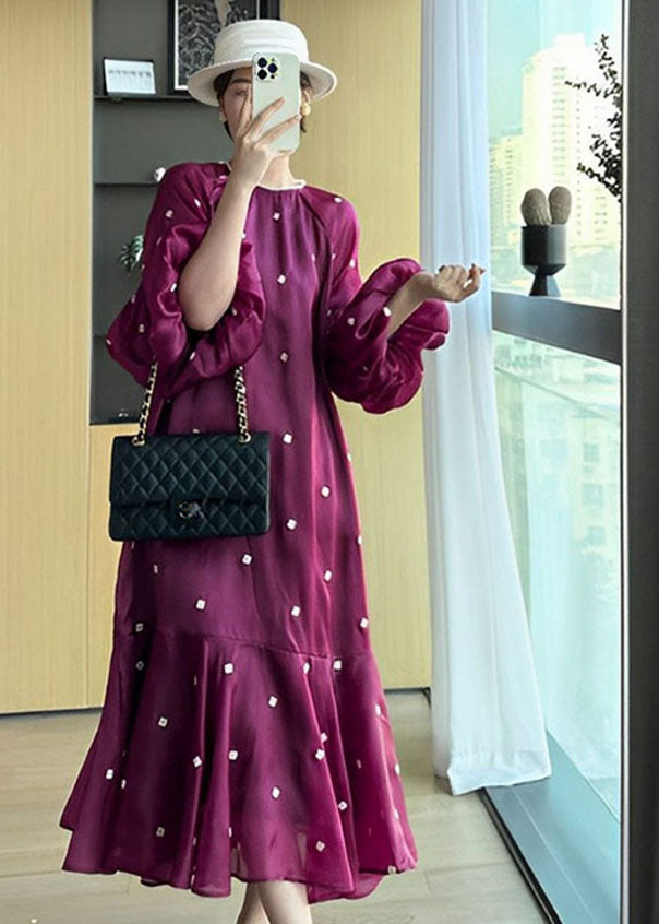 Chic Purple O-Neck Floral Ruffled Patchwork Long Dresses Puff Sleeve