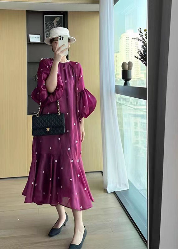 Chic Purple O-Neck Floral Ruffled Patchwork Long Dresses Puff Sleeve