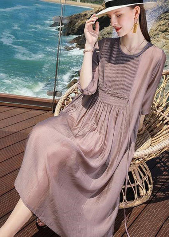 Chic Purple O Neck Patchwork Silk Holiday Dresses Summer