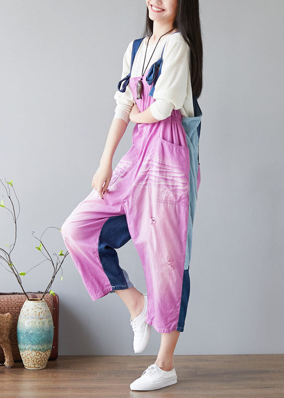 Chic Purple Oversized Patchwork Applique Cotton Overalls Jumpsuit Spring