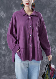 Chic Purple Oversized Patchwork Linen Blouses Summer