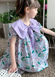 Chic Purple Print Wrinkled Patchwork Cotton Baby Girls Dress Summer