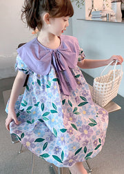 Chic Purple Print Wrinkled Patchwork Cotton Baby Girls Dress Summer
