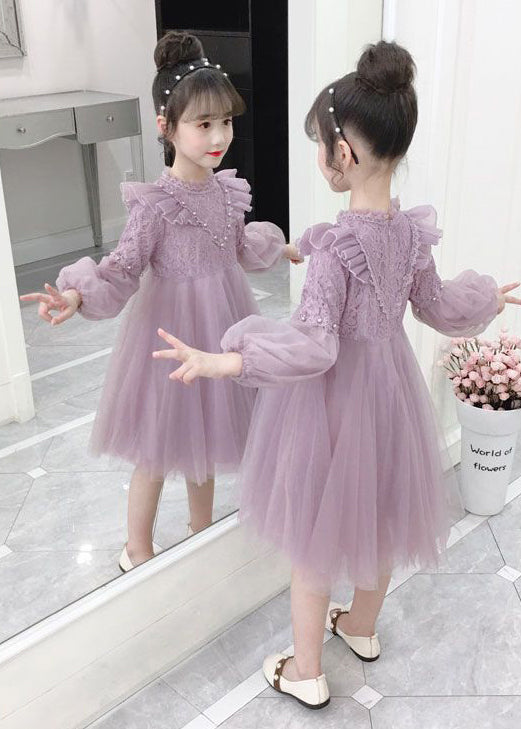 Chic Purple Ruffled Nail Bead Patchwork Tulle Kids Girls Dresses Fall