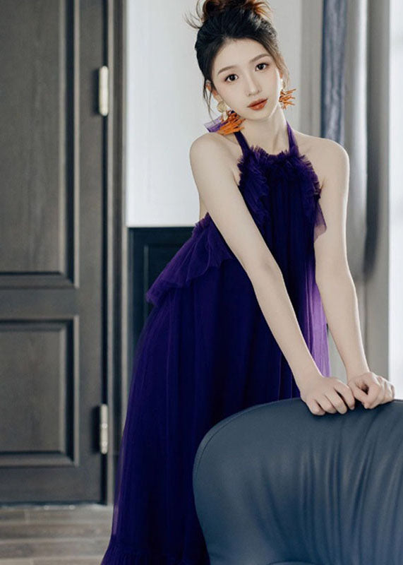 Chic Purple Ruffled Patchwork Halter Tulle Long Dresses Sleeveless
