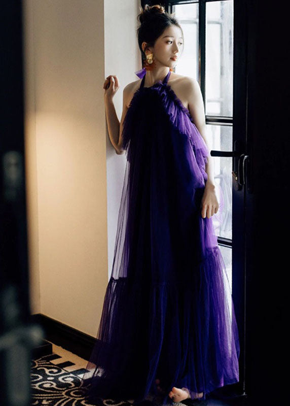Chic Purple Ruffled Patchwork Halter Tulle Long Dresses Sleeveless