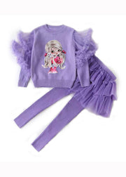Chic Purple Ruffled Patchwork Knit Kids Girls Two Piece Set Outfits Fall