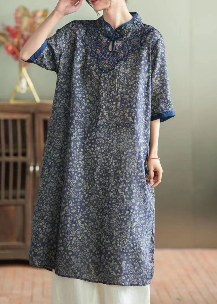Chic Purple Stand Collar Embroidered Button Linen Long Dress Half Sleeve
