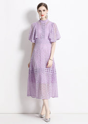 Chic Purple Stand Collar Hollow Out Patchwork Lace Dresses Butterfly Sleeve