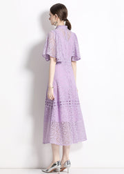 Chic Purple Stand Collar Hollow Out Patchwork Lace Dresses Butterfly Sleeve