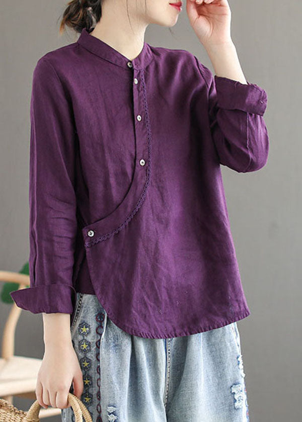Chic Purple Stand Collar Lace Patchwork Linen Shirt Tops Long Sleeve