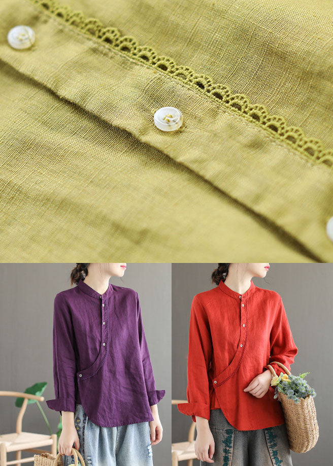 Chic Purple Stand Collar Lace Patchwork Linen Shirt Tops Long Sleeve