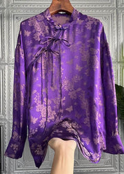 Chic Purple Stand Collar Print Lace Up Silk Shirt Top Spring
