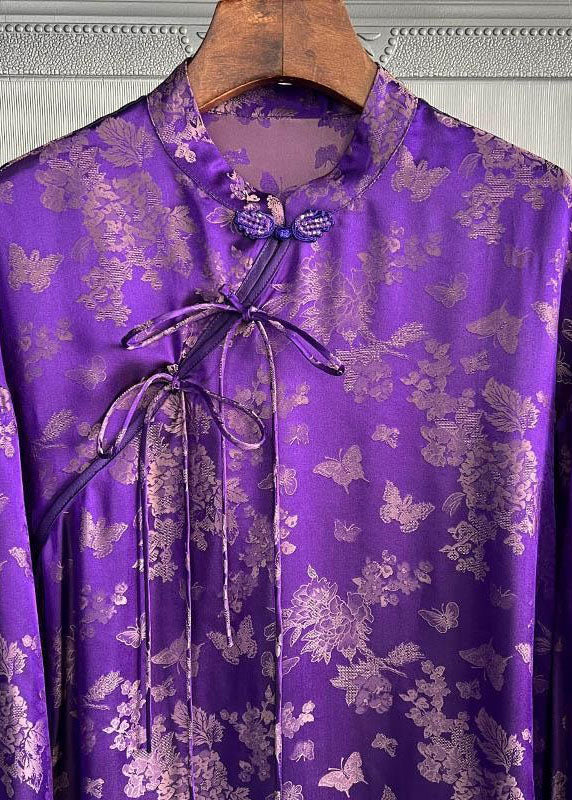 Chic Purple Stand Collar Print Lace Up Silk Shirt Top Spring
