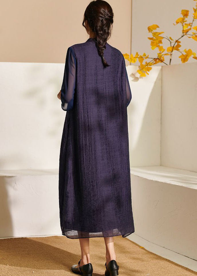 Chic Purple Stand Collar Tasseled Patchwork Silk Dress Summer