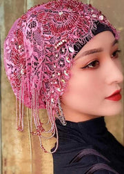 Chic Purple Tassel Zircon Hollow Out Lace Bonnie Hat