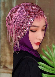 Chic Purple Tassel Zircon Hollow Out Lace Bonnie Hat