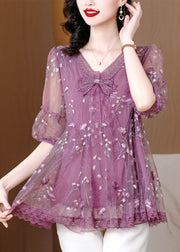Chic Purple V Neck Embroidered Bow Lace Top Summer