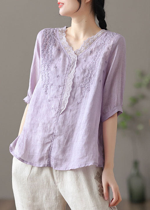 Chic Purple V Neck Embroidered Linen Blouse Tops Half Sleeve