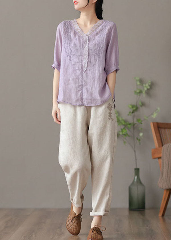 Chic Purple V Neck Embroidered Linen Blouse Tops Half Sleeve