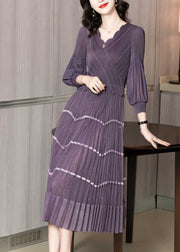 Chic Lila V-Ausschnitt Patchwork-Seide Plissee-Kleid mit langen Ärmeln