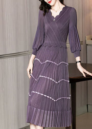 Chic Purple V Neck Patchwork Silk Pleated Dress Long Sleeve