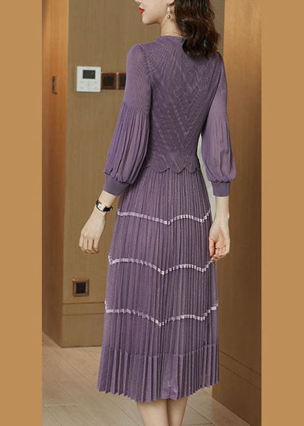 Chic Purple V Neck Patchwork Silk Pleated Dress Long Sleeve