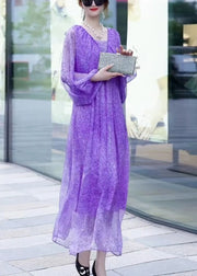 Chic Purple V Neck Print Chiffon Long Dresses Lantern Sleeve