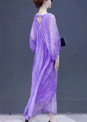 Chic Purple V Neck Print Chiffon Long Dresses Lantern Sleeve