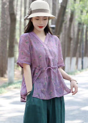Chic Purple V Neck Print Drawstring Patchwork Linen Shirts Top Summer