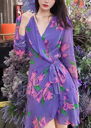 Chic Purple V Neck Print Lace Up Chiffon Mid Dress Long Sleeve