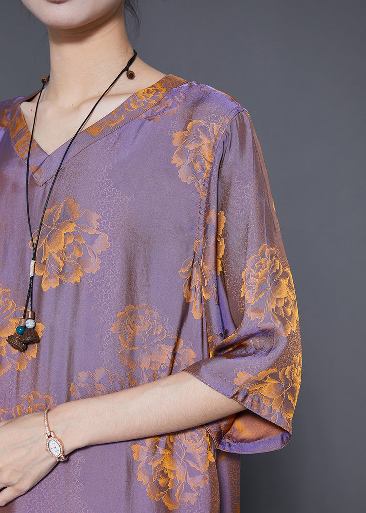 Chic Purple V Neck Print Wear On Both Sides Silk Dresses Summer