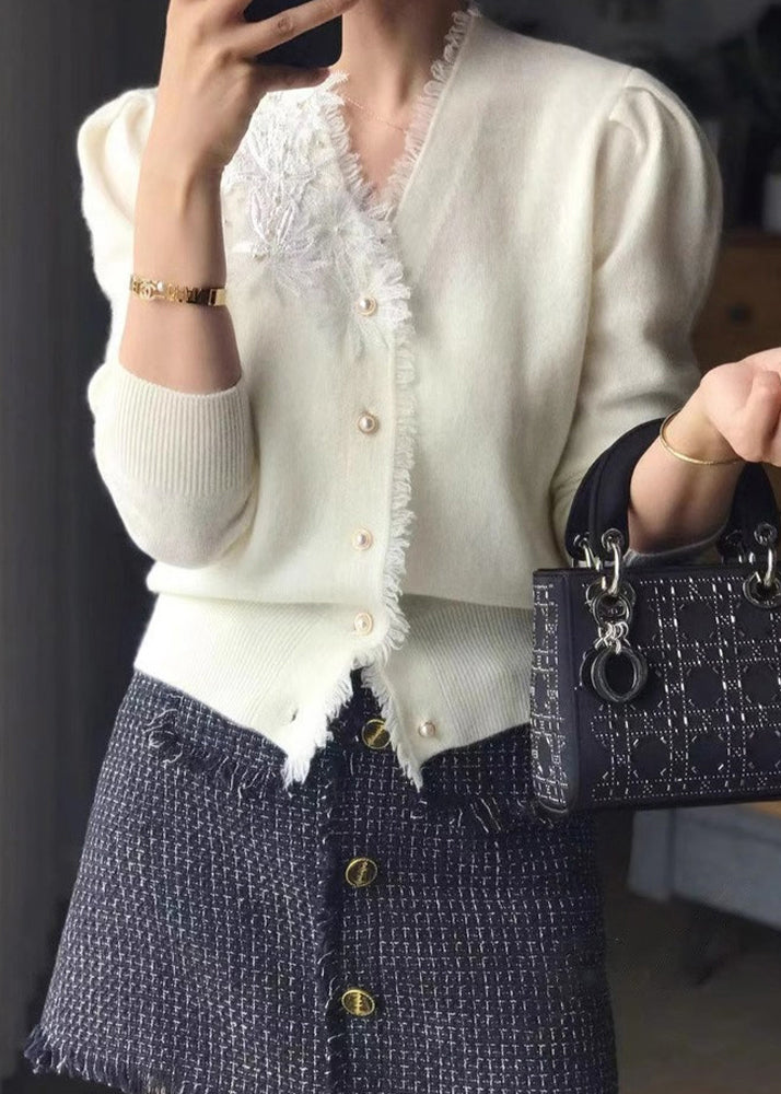Chic White V Neck Tasseled Embroidered Woolen Cardigan Fall