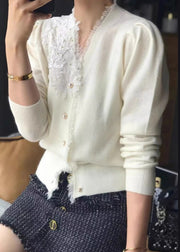 Chic White V Neck Tasseled Embroidered Woolen Cardigan Fall