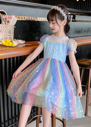 Chic Rainbow Sequins Wrinkled Patchwork Tulle Baby Girls Dress Summer