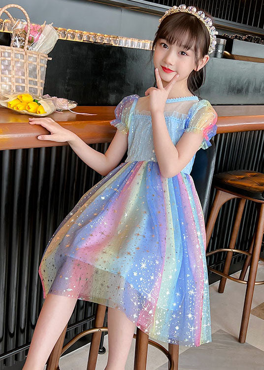 Chic Rainbow Sequins Wrinkled Patchwork Tulle Baby Girls Dress Summer