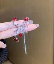 Chic Red Alloy Zircon Crystal Oil Drip Asymmetry Tassel Drop Earrings