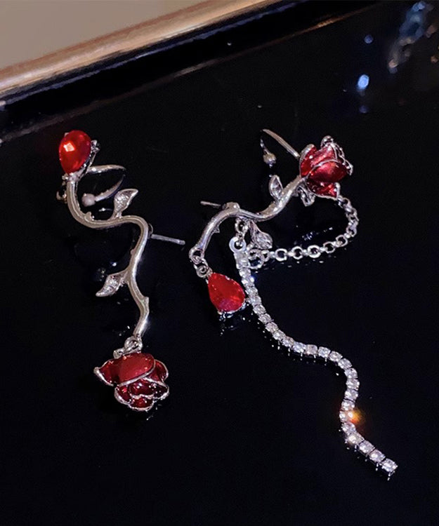 Chic Red Alloy Zircon Crystal Oil Drip Asymmetry Tassel Drop Earrings