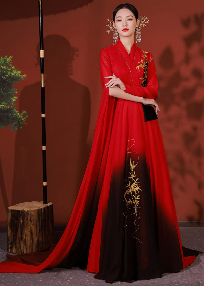 Chic Red Asymmetrical Embroidered Patchwork Chiffon Long Dress Fall