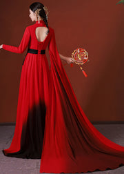 Chic Red Asymmetrical Embroidered Patchwork Chiffon Long Dress Fall