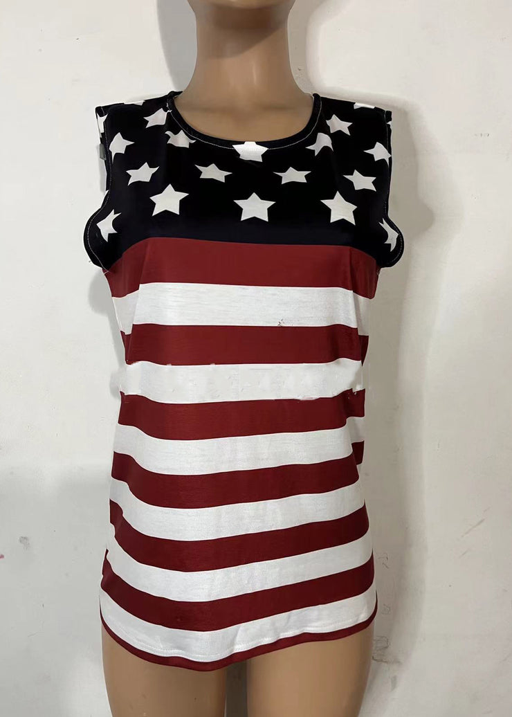 Chic Red Blue O-Neck Independence Day Print Cotton Top Summer