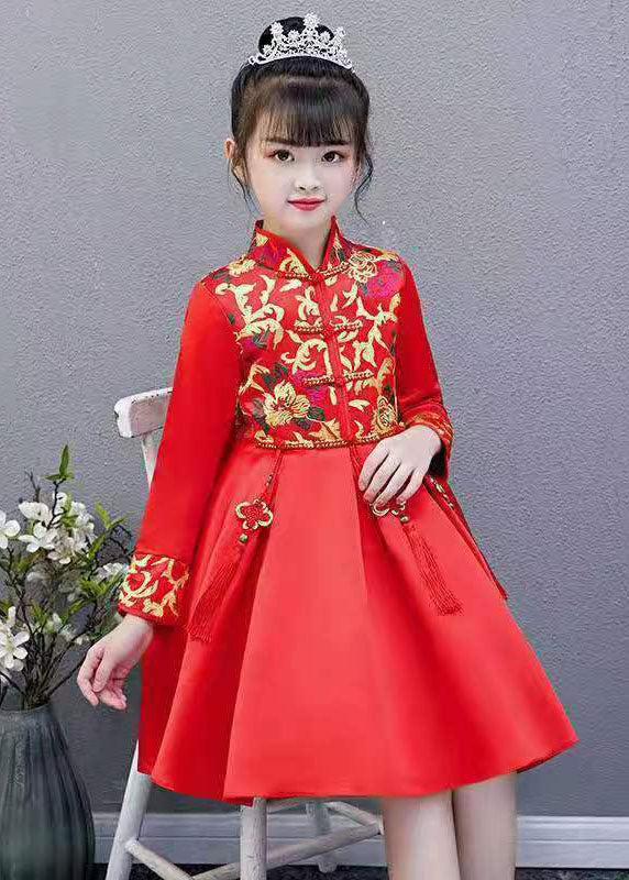 Chic Red Embroidered Tassel Button Kids Girls Mid Dresses Fall