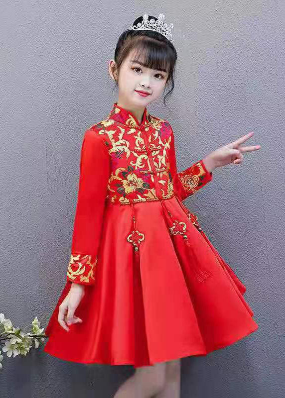 Chic Red Embroidered Tassel Button Kids Girls Mid Dresses Fall