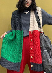 Chic Red Green Loose V Neck Button Patchwork Fall Top Sleeveless Vest