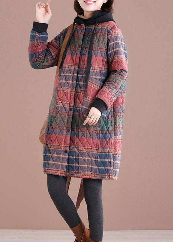 Chic Red Hooded Plaid drawstring Cotton Parkas Winter