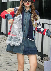 Chic Red Knit Patchwork Denim Ruffled Fall Long Sleeve Coat